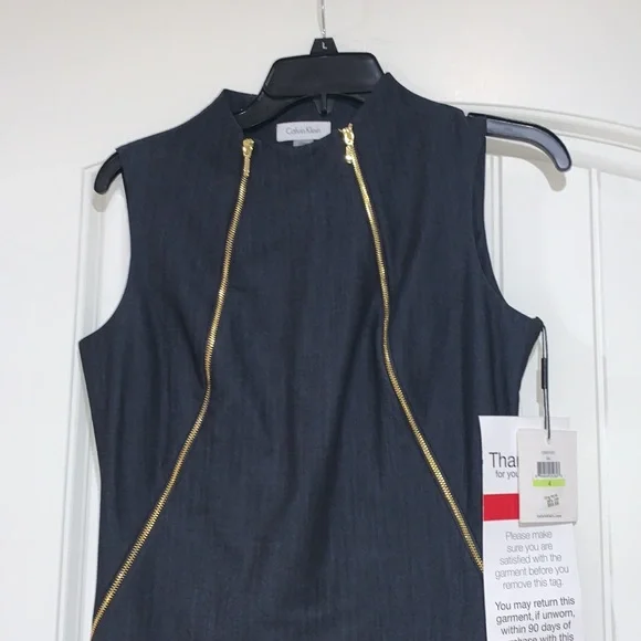 NWT Calvin Klein Navy jean shift dress with Gold double zipper - Picture 3 of 8